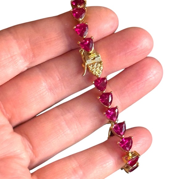 18k Yellow gold plt Sterling Silver Bracelet Lab Ruby heart tennis bracelet UTC - Picture 3 of 8